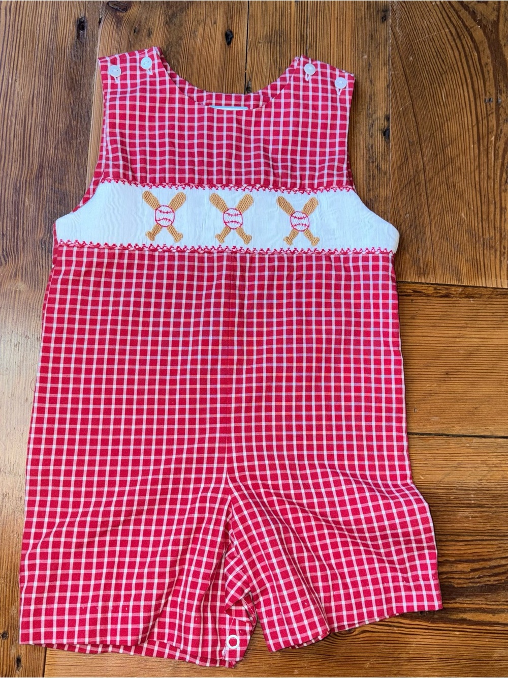 Southern Sunshine Smocked Baseball Boy Jon Jon Romper 18M Red Gingham